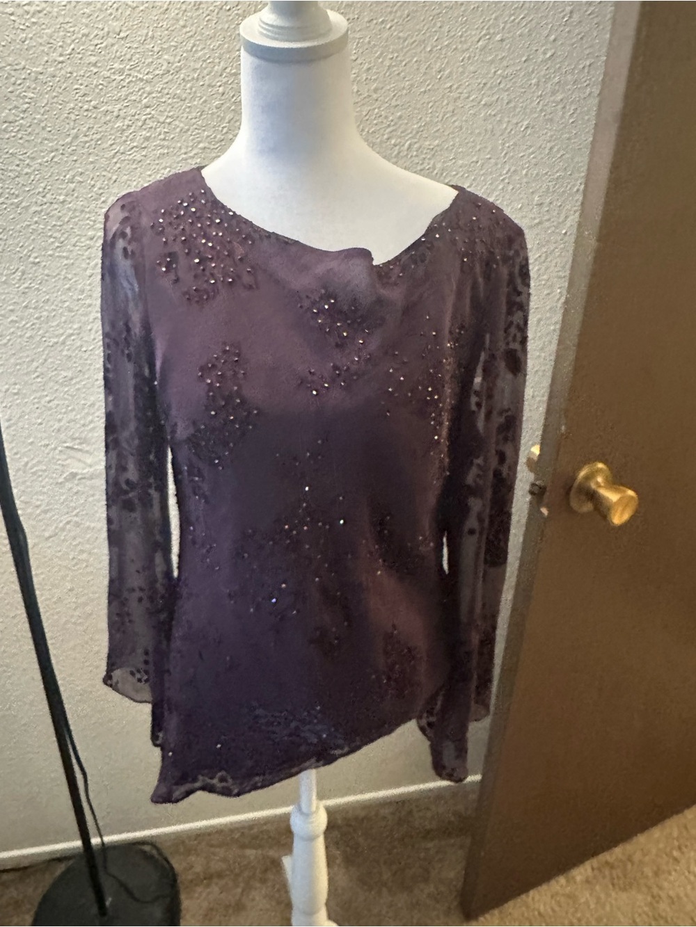 Adrianna Papell Plum Beaded Long-Sleeve Evening Blouse